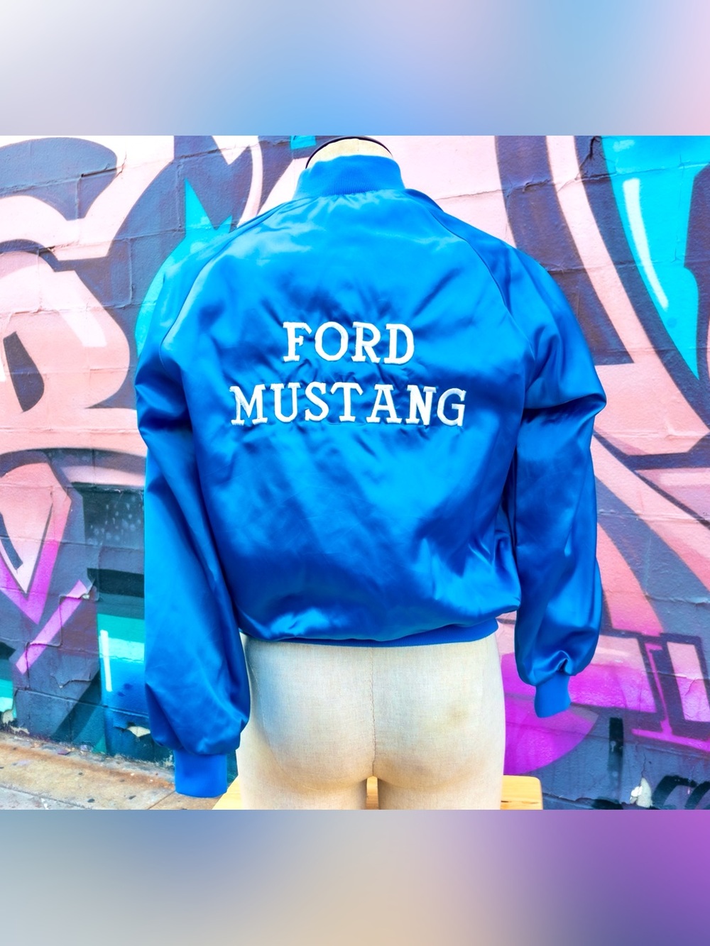 FORD MUSTANG Vintage Bomber Jacket sz Medium | Blue/White with Retro Embroidery